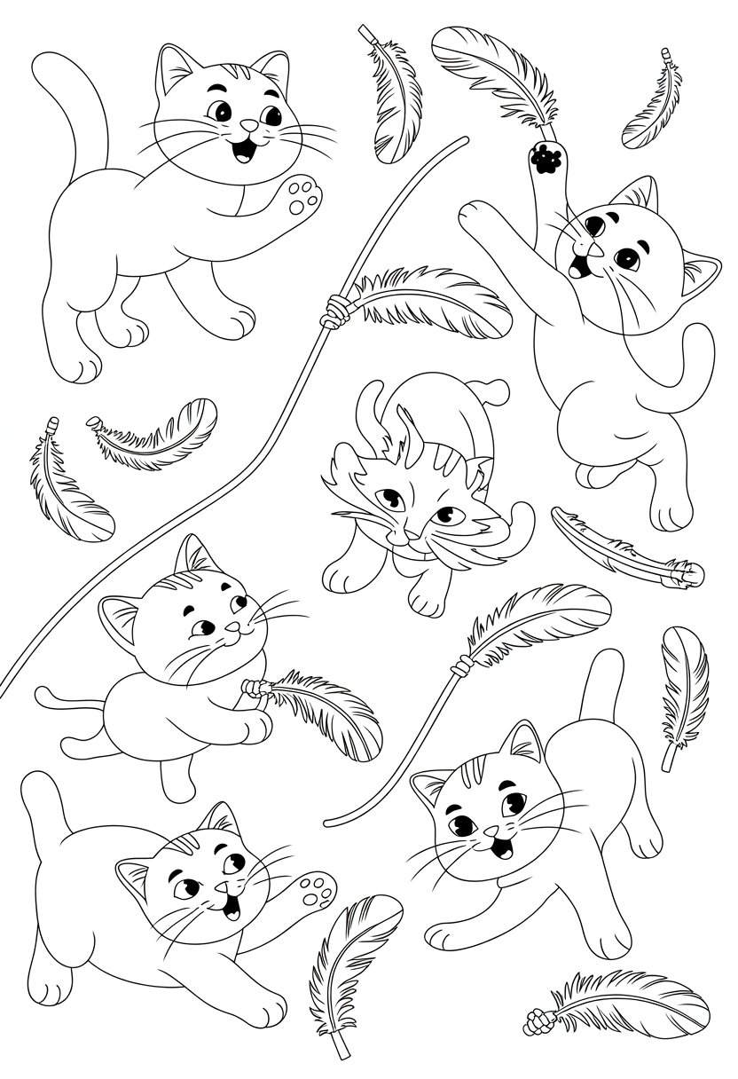 Printable Cute Cat Coloring Pages 20 Best Designs for All Ages 38 Several cats playing with feather toys in different playful poses.